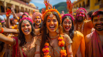 Group of Indian people among colorful powder - 782014577