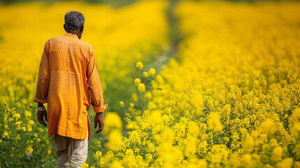 Backside view of an indian farmer walking in a yellow mustard flower field.