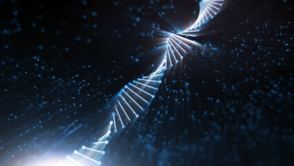 Abstract dna structure with shining light and dots in a cyberspace concept. Dark blue glowing background illustration. - 782014791