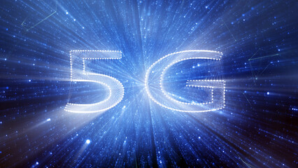 Conceptual digital 5G cyberspace blue glowing network illustration background.