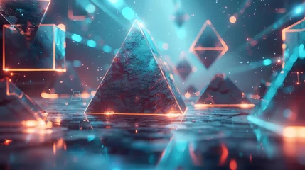Fotobehang 3D Geometric Shapes: A futuristic composition featuring glowing cube, pyramid, and sphere shapes © MAY