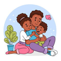 Happy black family. Cute ethnic sitting mother and father with child son. Vector illustration. Colored hand drawn doodle style
