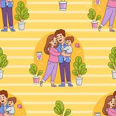 Seamless pattern with cute family. Happy man father hugs his wife and holds son in his arms on yellow striped background. Vector illustration in colored hand drawn doodle style