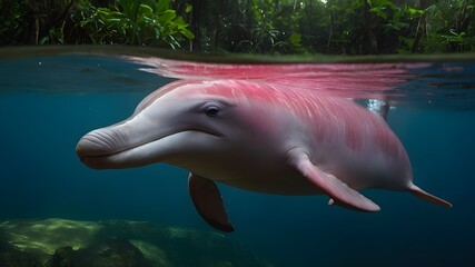Also known as the pink river dolphin, this unique species is found in the freshwater rivers of the Amazon Basin. It's known for its distinctive pink coloration and long, slender snout, adapted for nav - obrazy, fototapety, plakaty