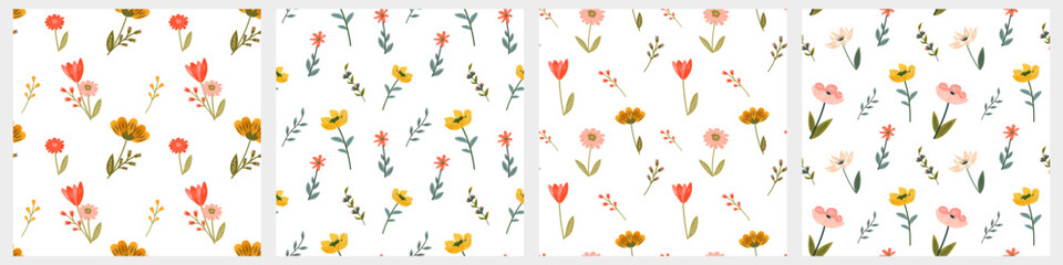 Set of seamless floral patterns with hand drawn flowers, leaves and branches. Seamless pattern for textiles, packaging design, paper and other things.