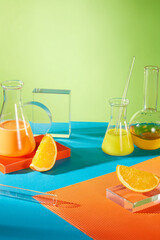 Lab theme decorated with orange tablecloths on blue table and green background, orange and yellow fluid extract from citrus fruit contained in lab glassware. Blank space for designing or advertising