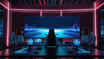 A woman sits at a computer desk in front of a large monitor