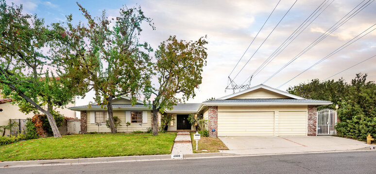 Front yard with palm trees and two garages in a row in Encino, California