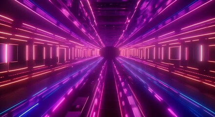 The video captures a tunnel illuminated by numerous neon lights, creating a vibrant and colorful ambiance.