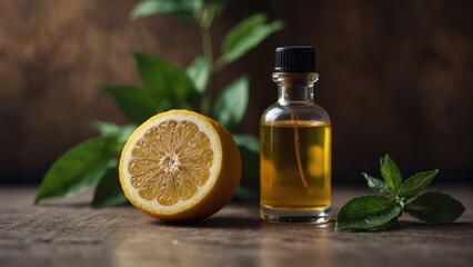 bergamot fruits background with aroma therapy massage essential oil bottle from Generative AI