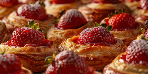 Close up of small pastries with strawberry fruits