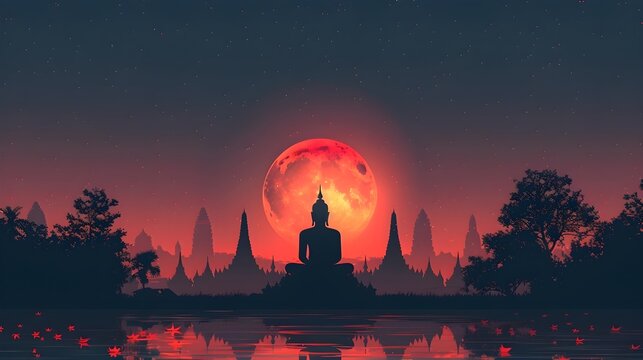 lord buddha with meditation pose near the lotus river at the temple with night sky. vesak festival , buddhist festival and lord buddha