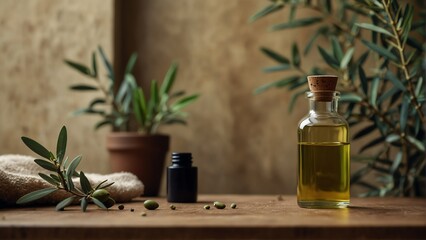 olive plant background with aroma therapy massage essential oil bottle from Generative AI