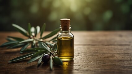 Obraz na płótnie Canvas olive plant background with aroma therapy massage essential oil bottle from Generative AI
