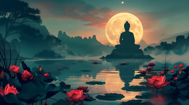 lord buddha with meditation pose near the lotus river at the temple with night sky. vesak festival , buddhist festival and lord buddha
