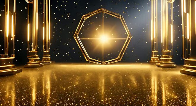 The video showcases a grand golden stage adorned with towering columns and illuminated by bright lights, creating a majestic and opulent setting