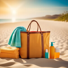 Stylish orange beach bag, suntan products, towel on the beach, on the sand, at sunset