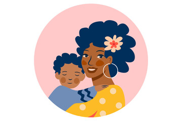 Mother with child illustration on pink circle background. Design for greeting card, Mother's Day celebration. Family love and care concept.