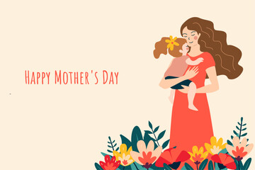 Mother and daughter illustration with floral elements on beige background. Design for greeting card, Mother's Day celebration. Family love and springtime concept.