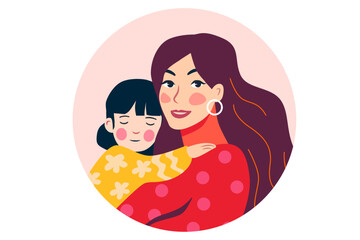 Mother with child illustration on pink circle background. Design for greeting card, Mother's Day celebration. Family love and care concept.