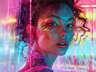 Futuristic Woman with Neon Face Paint, Vibrant Nightlife Energy and Cosmic Vibes