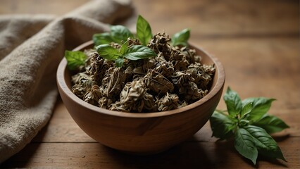 dried basil healing herbs on wooden bowl from Generative AI