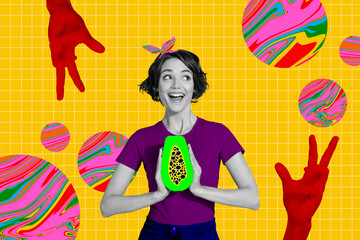 Collage colorful image psychedelic concept young cheerful pretty girl hold exotic tropical fruit hands catch take checkered background