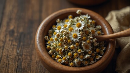 dried chamomile healing herbs on wooden bowl from Generative AI