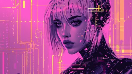 Cybernetic female portrait in purple hues with digital circuitry and futuristic fashion