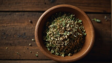 dried oregano healing herbs on wooden bowl from Generative AI