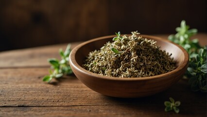 dried oregano healing herbs on wooden bowl from Generative AI