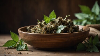 dried nettle healing herbs on wooden bowl from Generative AI
