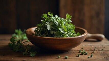 dried parsley healing herbs on wooden bowl from Generative AI