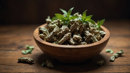 dried peppermint healing herbs on wooden bowl from Generative AI