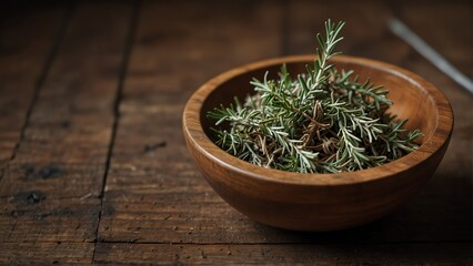 dried rosemary healing herbs on wooden bowl from Generative AI