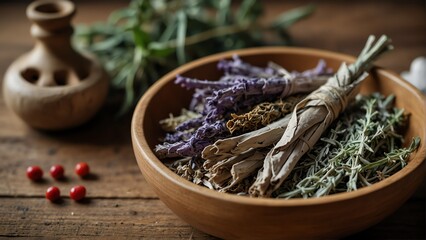 dried sage healing herbs on wooden bowl from Generative AI
