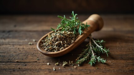 dried thyme healing herbs on wooden bowl from Generative AI