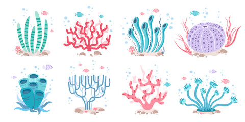 Ocean plants and coral set in simple style. Seaweed collection in flat design on a white background. 
