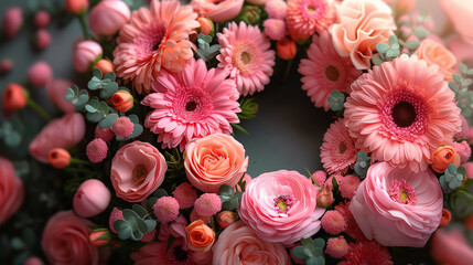 Wreath made pink flowers festive decorations dark background. Mother's Day, events, Valentine's Day
