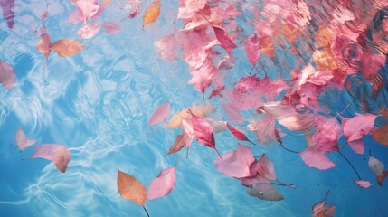 Pink leaves on the surface of the water on a blue background. Beautiful background with water ripples for product presentation. Summer refreshing background.