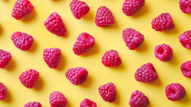 Colorful pattern of raspberries, yellow background 