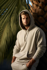 A male fitness model wearing an oversized hoodie, posing in front of palm trees, the light beige color on his outfit creates a relaxed and casual vibe