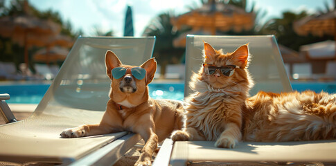 Cute fluffy cat and dog in sunglasses sunbathing on the beach - obrazy, fototapety, plakaty