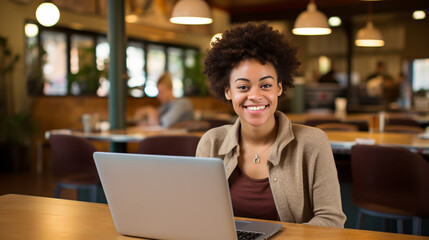 A portrait of an African American woman sitting at a table with her laptop, smiling and looking directly into the camera in a college dining hall