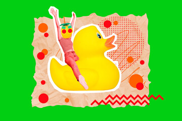Creative collage young happy girl ride duck vacation seaside headless pineapple cocktail drink rejoice drawing background - obrazy, fototapety, plakaty