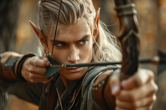 The romantic hero - beautiful young forest male elf with pointed ears, long blond hair, and a bow and arrow. medieval, fantasy aesthetics	