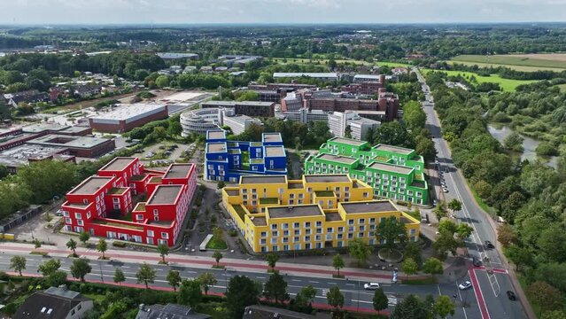 An aerial drone view of colorful buildings in M&uuml;nster, Germany.