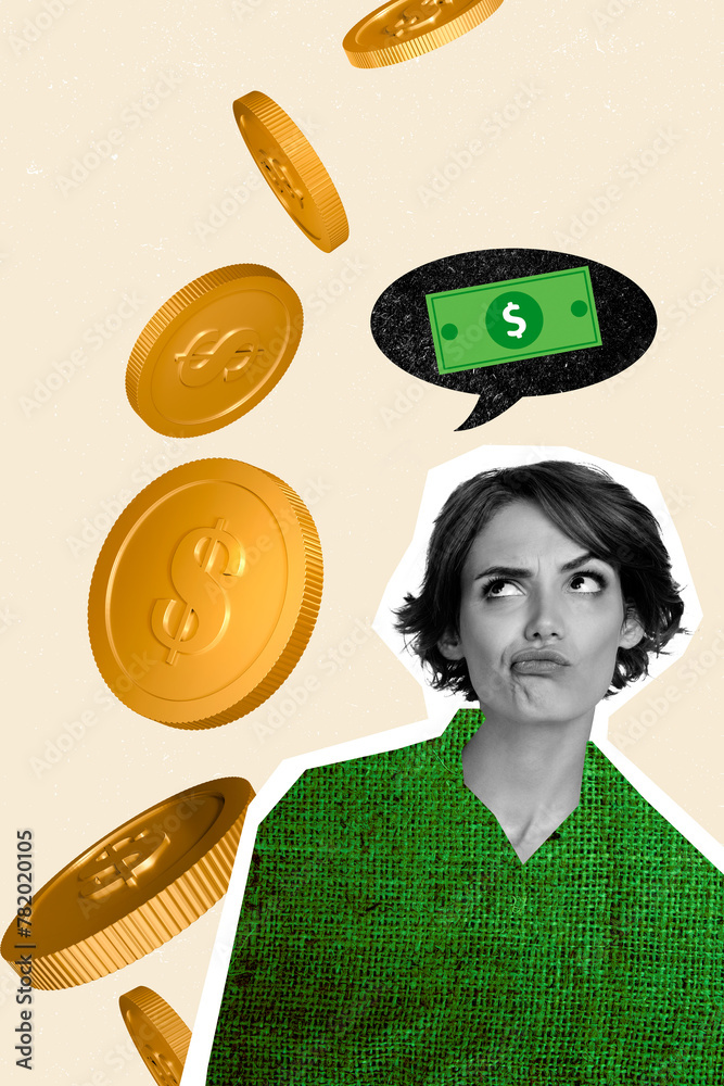 Poster Composite collage picture image of confused female think earning money trader financier fantasy billboard comics zine minimal