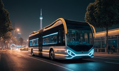 The image features a sleek, modern electric bus on a city street at night. The bus has a large, curved front end and glowing blue lights on the front and sides.  - obrazy, fototapety, plakaty