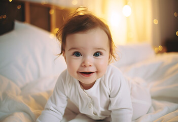  A happy baby girl in white onesie, smiling and crawling on the bed, soft focus bokeh background, warm indoor lighting, capturing her joyful expression